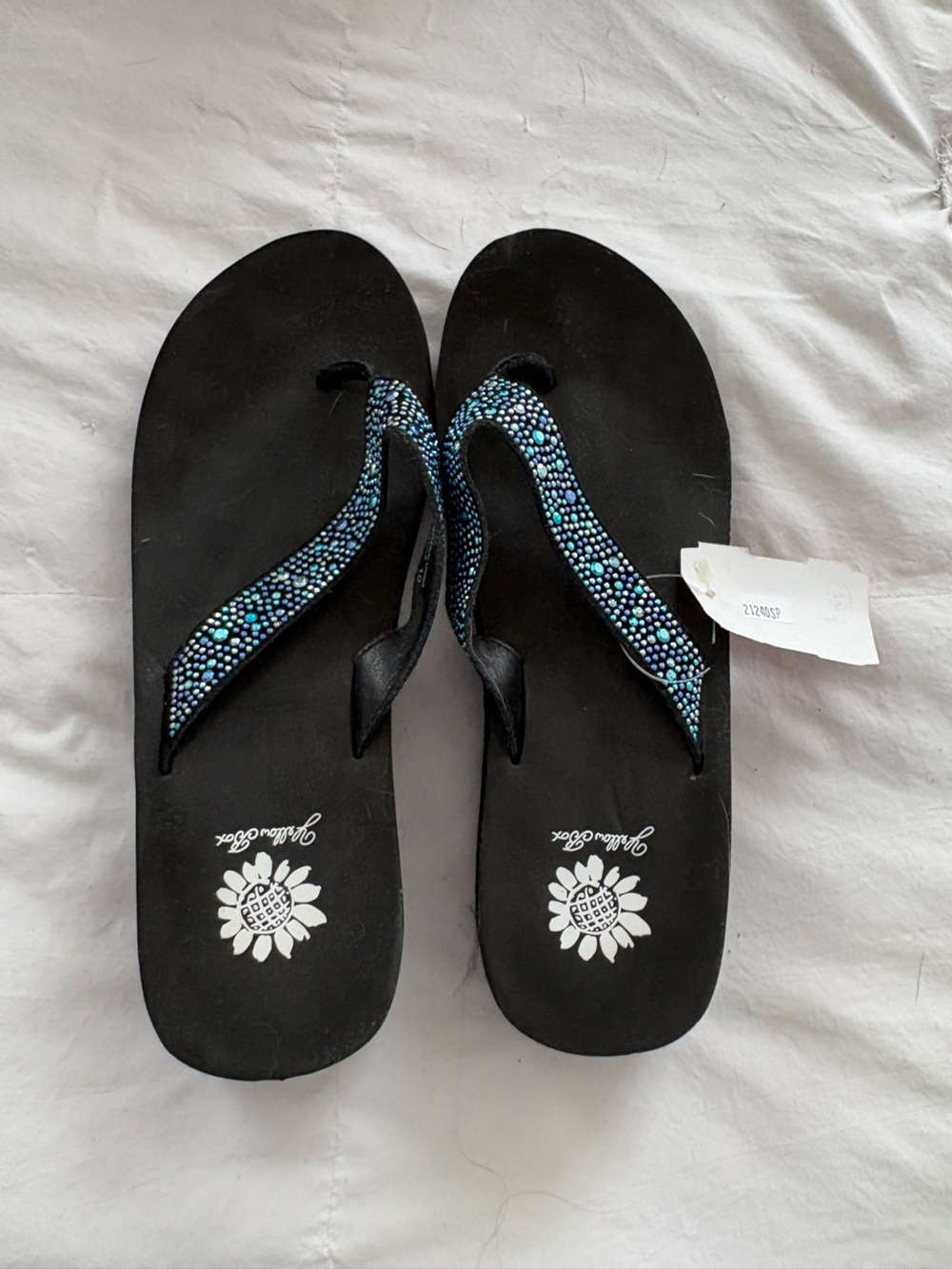 Yellow Box Black Sandals with Blue Iridescent Beading